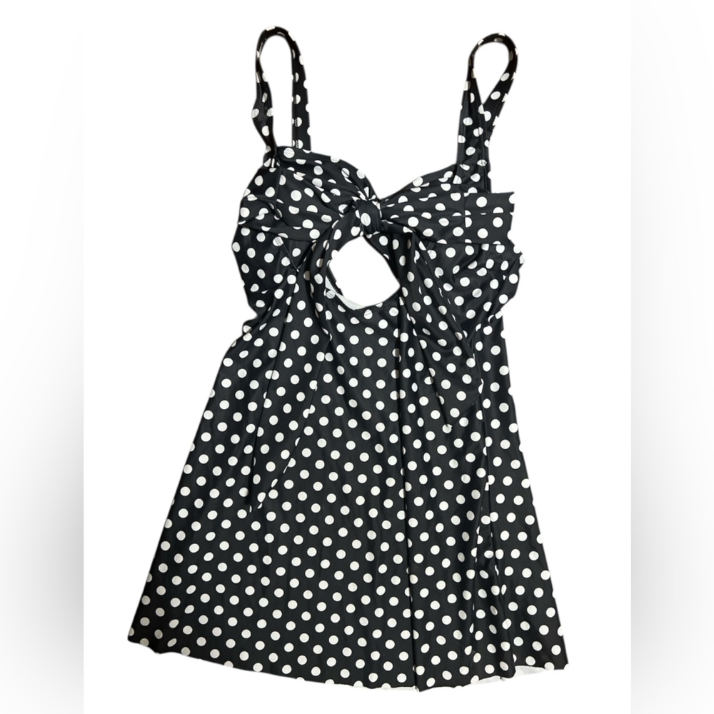 NWOT Black and White Polka Dot swim top long sash tie in front of cut out XL